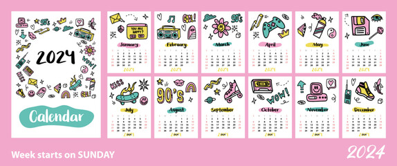 Calendar template for 2024. Vertical cute glider with funny girly doodles in the style of the 90s. Design for printing