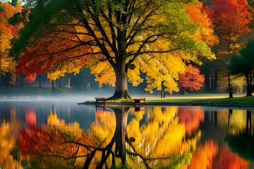 Deurstickers Reflectie autumn trees reflected in water
