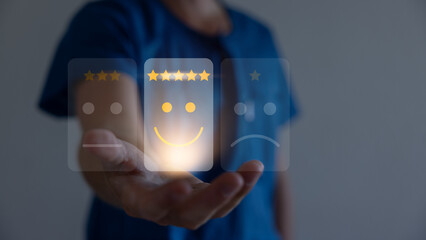 Positive customer reviews touch the happiness icon and a five-star smiley face. Satisfaction survey...
