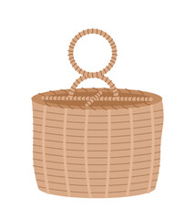 Wooden basket for home decoration concept. Comfort and coziness. Stylish box for linen or picnic woven from dull straw. Cartoon flat vector illustration isolated on white background