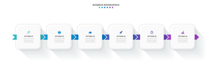 Timeline infographic with infochart. Modern presentation template with 6 spets for business process. Website template on white background for concept modern design. Horizontal layout.