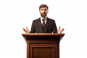 Public speaking. Man lecturer behind the podium on a white background. AI generated - obrazy, fototapety, plakaty
