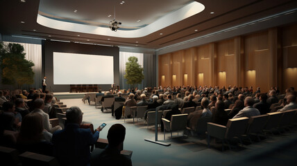 People in modern conference hall with a blank big screen. AI generated - 629699500