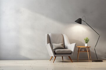 The background depicts a comfortable reading corner situated within a modern and minimalist interior. The main emphasis is on a grey armchair positioned against a white wall, creating a serene