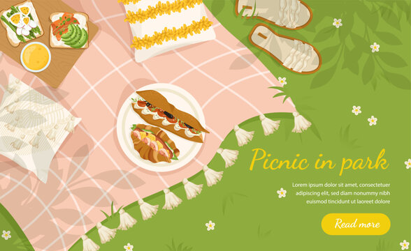 Picnic in park on blanket concept. Sandwiches with meat and vegetables, eggs. Active lifestyle and food. Leisure and relaxation outdoors. Cartoon flat vector illustration