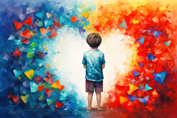 World autism awareness day concept. An autistic boy contemplating a colorful heart. Generative AI.