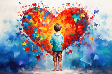 World autism awareness day concept. An autistic boy contemplating a colorful heart. Generative AI.