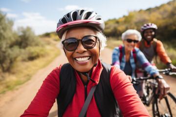 Portrait of happy senior woman in cycling helmet riding outdoors. - Powered by Adobe