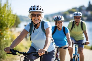 Plexiglas foto achterwand Small group of happy elderly people wearing cycling helmets © Maria