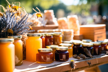 Fototapeta na wymiar Honey in glass jars on the counter display. Selling delicious and healthy products