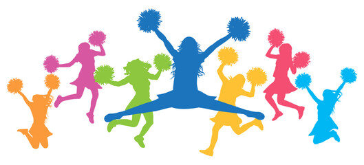 Fototapeta na wymiar Cheerleading. Color silhouettes of jumping girls with pompoms, cheerleaders. Vector illustration