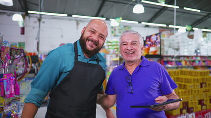 Grocery Store Boss Congratulating Employee for Good Job. High-Five Celebration for Supermarket...