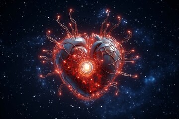 Fototapeta premium Human heart on digital background. Abstract digital technology concept. Futuristic cyber world.