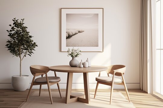 Simplistic dining room design featuring a circular wooden table, modern chairs, a simulated poster frame, a vase filled with dried flowers, decorative items, and personal accessories. This stylish