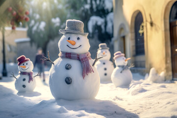 Obraz premium Unusual Snowman in an Unusual Place Illustration Cartoon, Graphic Generative AI KI Wallpaper Background Digital Art Cover Journal