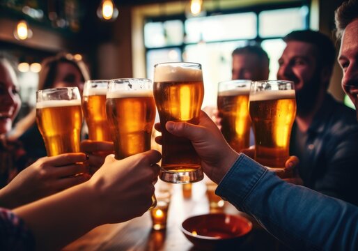 group of people cheering and drinking beer at bar pub table -Happy young friends enjoying happy hour at brewery restaurant-Youth culture-Life style food and beverage