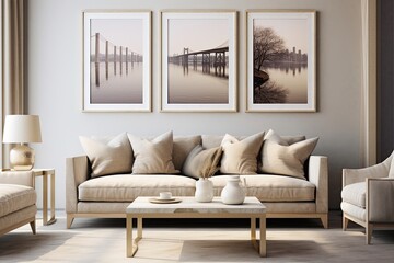 Template for a stylish living room interior design featuring a contemporary neutral sofa, mock up poster frames, a tastefully arranged vase with dried flowers, coffee tables, decorative elements, and