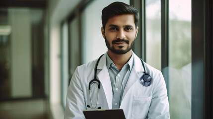 Obraz premium Attractive middle eastern male doctor with stethoscope at the medical clinic. Healthcare, treatment, medical staff concept. Generative Ai technology.