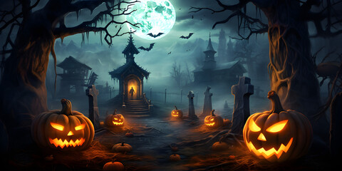 Halloween Night with Pumpkins, Bats, and a Spooky Castle in an Orange Autumn Moonlit Sky, Illustration for a Dark, Scary Holiday Celebration in October