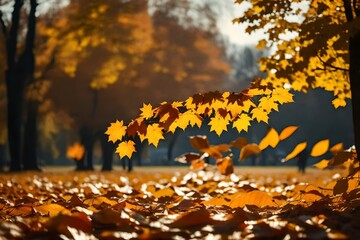 The amber leaves, like flickering flames, blanket the ground, as a gentle breeze dances through the branches, scattering them across the tranquil park path.