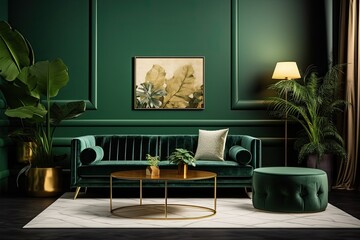 Template for a modern interior design luxury living room in a house, featuring a green velvet sofa, a coffee table, a pouf, gold decorations, a plant, a commode, a carpet, a mock up poster frame, and