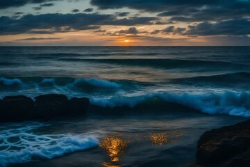 Vibrant hues cascade across the horizon as the sun dips beneath the shimmering waves, painting the sky with a kaleidoscope of warm tones over the tranquil sea."