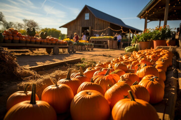 pumpkins on a pumpkin patch farm autumn fall festival with lights and people - obrazy, fototapety, plakaty