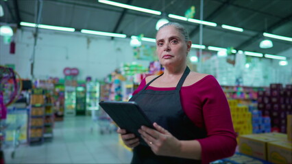 Serious female middle-age employee of supermarket standing inside business holding tablet device, looking at camera with neutral expression