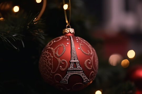 Christmas, red ball with the image of the eiffel tower on the Christmas tree and highlights. Christmas and New Year background.