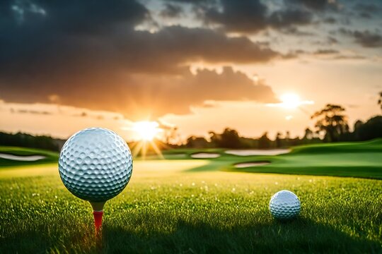 Generate a realistic HD image of a golf ball ready to be teed off, set against a beautiful, well-maintained golf course landscape.