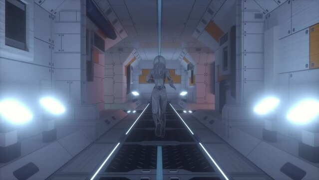 Astronaut runs through a spaceship tunnel. Spaceship and technology concept