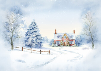 Naklejka premium Merry Christmas and Happy Holidays, watercolour printable art print, English countryside cottage as snow winter holiday Christmas card, thank you and diy greeting card design, country style