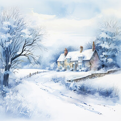 Merry Christmas and Happy Holidays, watercolour printable art print, English countryside cottage as snow winter holiday Christmas card, thank you and diy greeting card design, country style