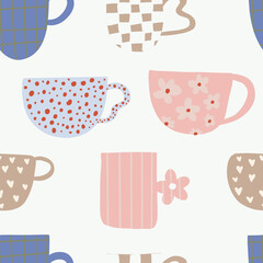 Tea coffee vintage cups pattern. Modern mug decorated with design elements. Wrapping and wallpaper design.
