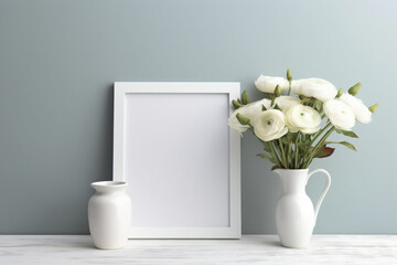 Blank white frame mockup with a runuculus flowers in vase, minimalistic style