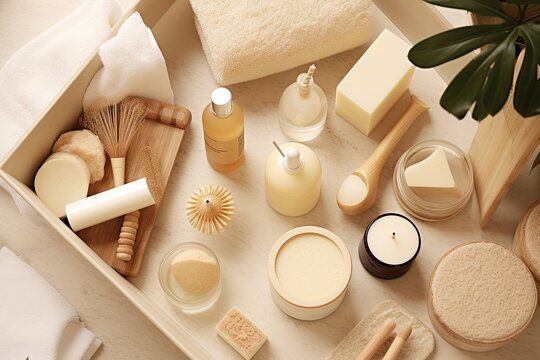 Skin care products, such as moisturizers and cleansers, packaged in brown bottles, along with body lotion and shower gel. Soap and a massage exfoliating brush neatly placed on a bamboo caddy resting