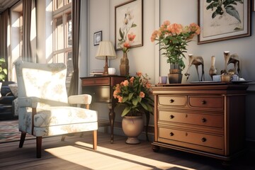 The classic house features a fashionable interior design with a wooden dresser, small chair, a vase filled with dried flowers, distinctive decor pieces, a carpet, a framed poster, and sophisticated