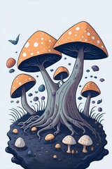 Cartoon magic mushrooms. AI generated illustration
