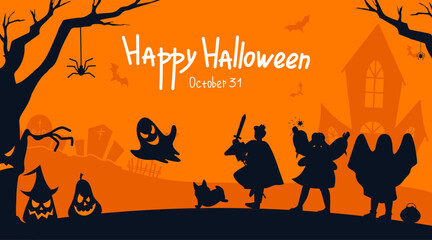 Happy halloween silhouette concept. Ghosts, spider and pumpkins on background of old scary castle. International holiday and festival of fear and horror. Cartoon flat vector illustration