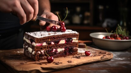 Baker slicing a Black Forest cake into slices