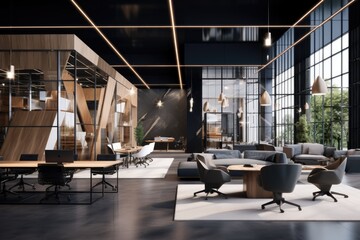 The background depicts a blurry indoor space within an office. The modern workplace appears to have an open design without any dividing partitions, and is embellished with furniture in black, white - obrazy, fototapety, plakaty