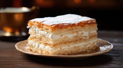 Close up of a Russian Napoleon cake in a bakery - food photography