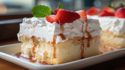 Close up of a Tres Leches cake in a bakery - food photography