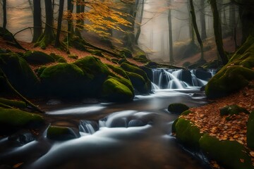 A vibrant tapestry of golden leaves frames a serene waterfall, its cascading waters shimmering under the autumn sun, painting the rocks with an amber hue.