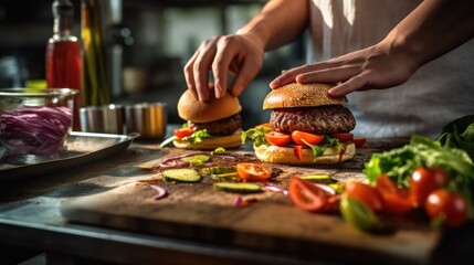 Cook preparing a cheeseburger - food photography