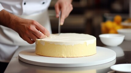 Fototapeta na wymiar Cook preparing a juicy cheese cake in the kitchen