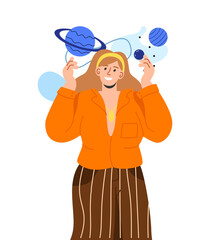 Woman with planets at head concept. Young girl with galaxy and universe. Astrology and astronomy. Template, layout and mock up. Cartoon flat vector illustration isolated on white background