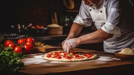 Cook preparing a pizza in the kitchen