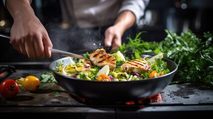 Cook preparing a small Caesar Salad