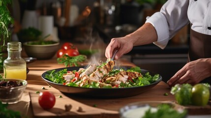 Obraz na płótnie Canvas Cook preparing a small Caesar Salad
